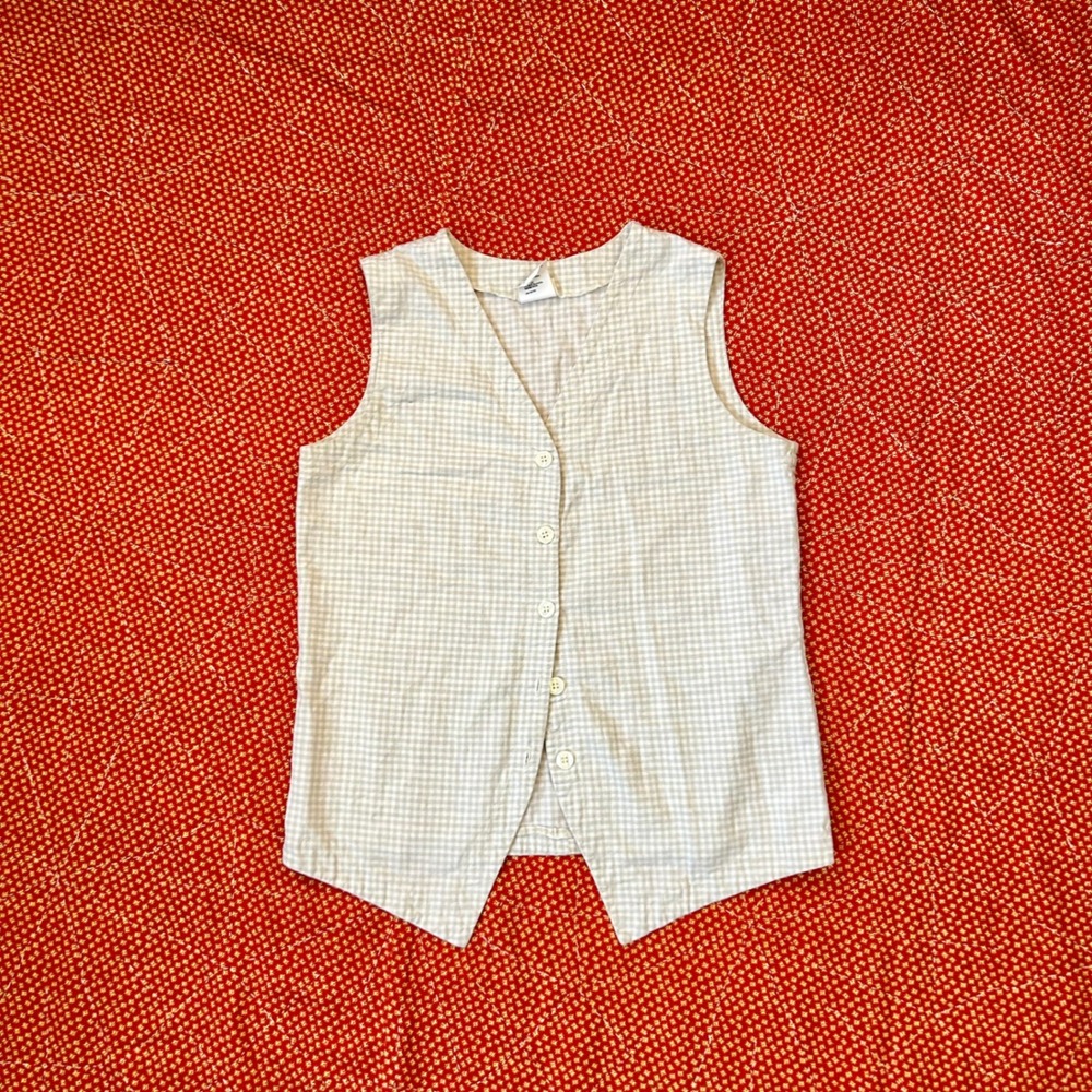 Skoozi Vintage Linen Cotton Gingham Vest Tan White Button Up Size Medium